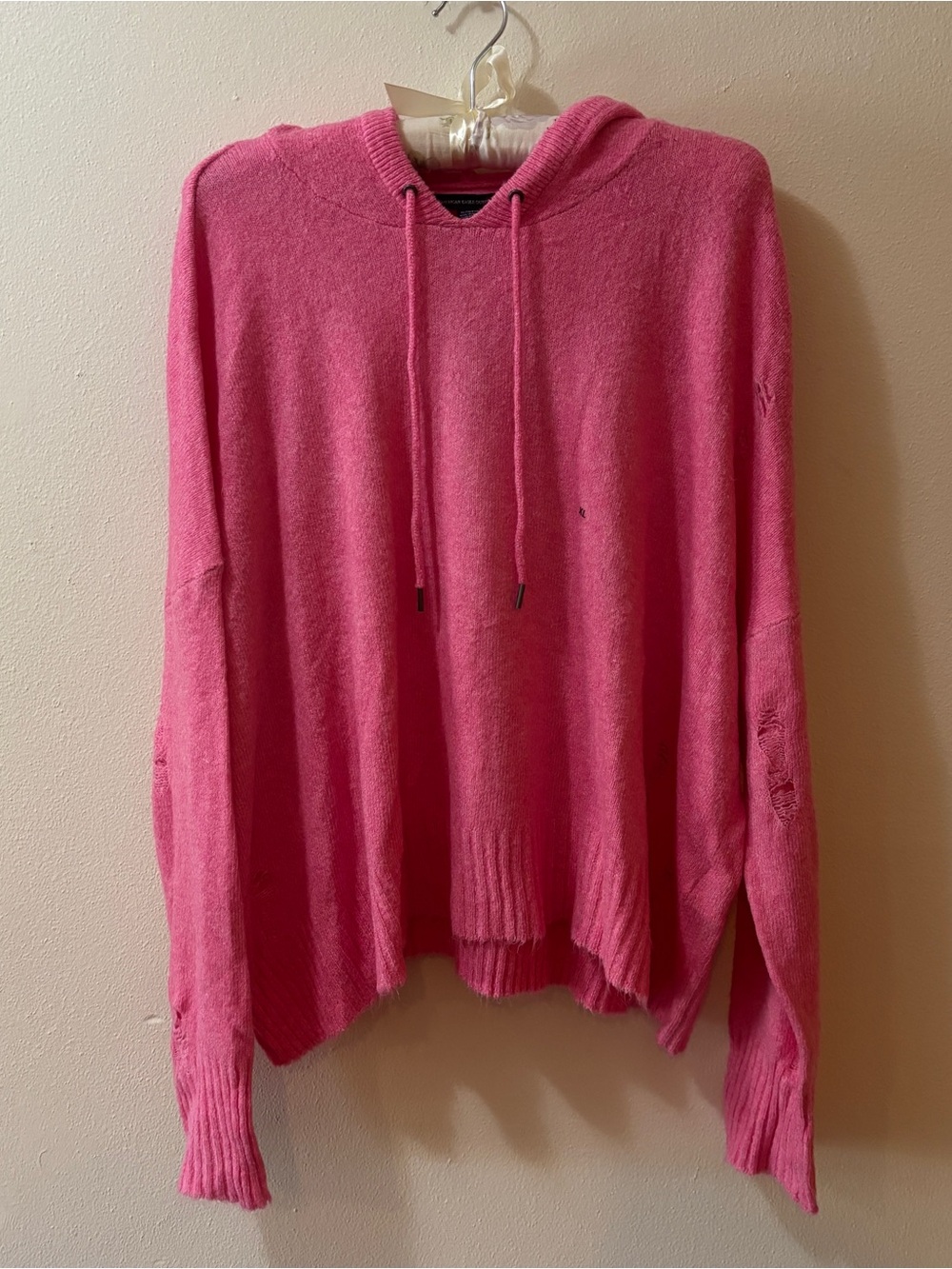 American Eagle Outfitters Bright Pink Hooded Distressed Knit Sweater-NWT